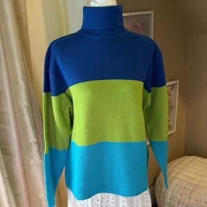 Vibrant Blue and Green Women's Turtleneck Sweater
